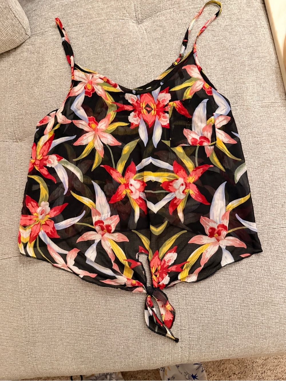 Sheer Floral Tie-Front Camisole Tank Top - Black with Red & Yellow Floral Print